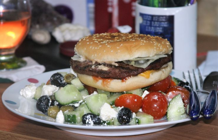 Bacon Beef Burger on Greek Salad.JPG
