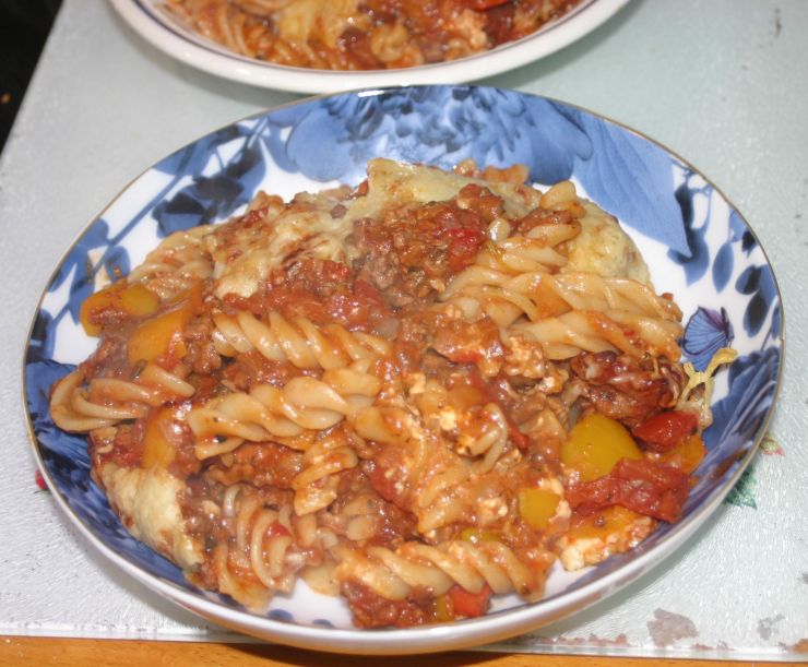 Sweet and Spicy Pepperonata and Sausage Pasta Bake The result on a Plate Edited.JPG