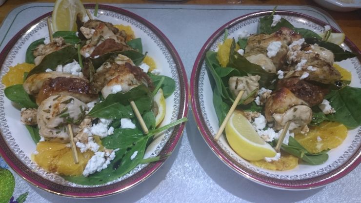 Chicken and Garlic Bread Kebabs on a Spinach, Feta and Orange Salad..JPG