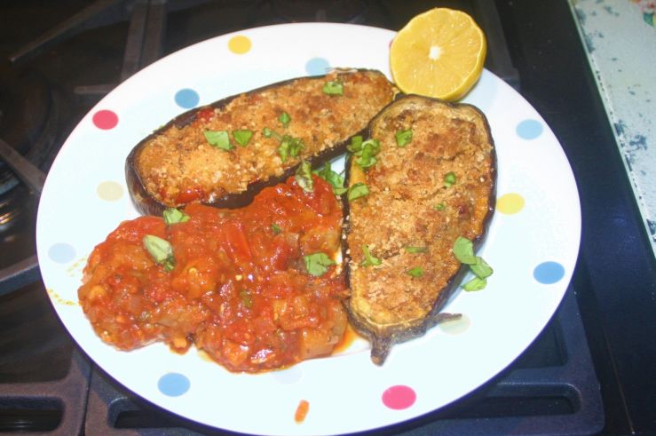 Stuffed Aubergines  and Romanesco Sauce on a plate.jpg