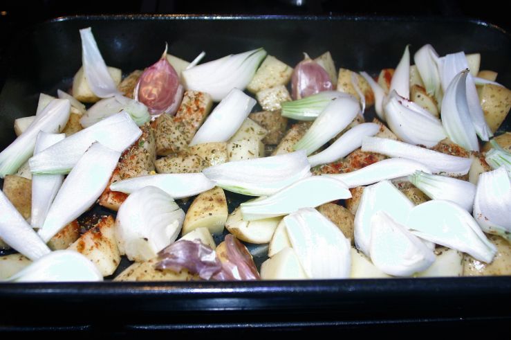 Ready to Roast Potatoes Shallots and Garlic Tray.JPG